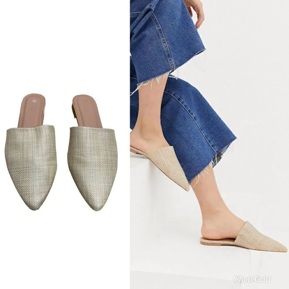 Straw Rattan Pointed Toe Mule Slides Flats